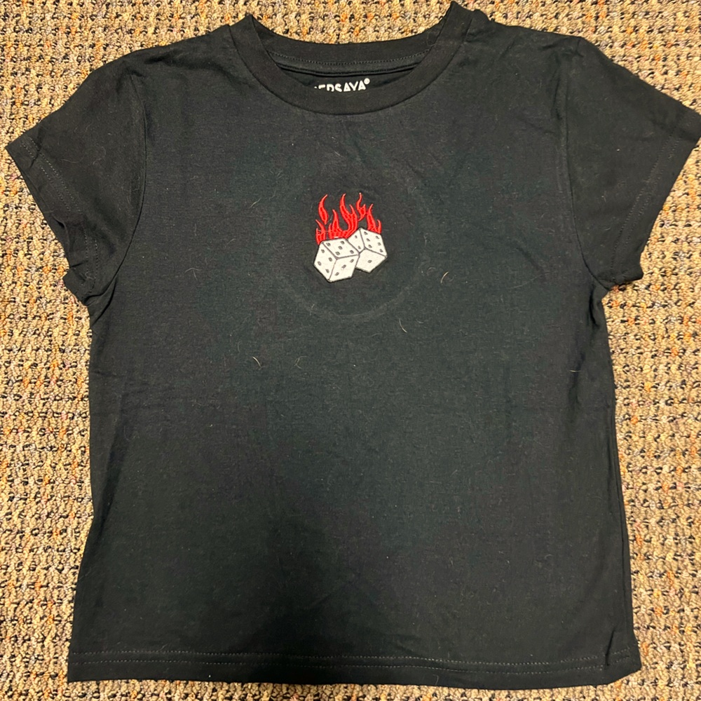 Dice. Embroidered top. Patchwork. Flames. Black small top.